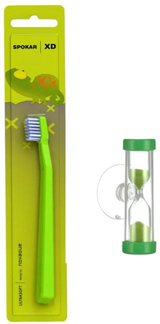 Дитяча зубна щітка Spokar XD Ultrasoft з пісочним годинником Зелено-біла (8593534342156_зелено-белая_с песочными часами)