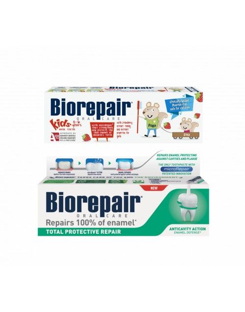 Комплект Biorepair дитяча зубна паста Веселе мишеня Полуниця 50 мл + зубна паста Абсолютний захист та відновлення 75 мл